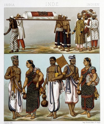 インドに住むイスラム教徒（写真上）とヒンドゥー教徒（写真下）の伝統的なコスチューム。ラシネの「Le costume historique」に掲載されているイラスト 作： Albert Charles August Racinet
