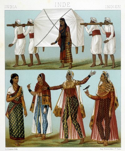 交通機関と伝統的な女性の衣装。ラシネによる「Le costume historique」のイラスト 作： Albert Charles August Racinet