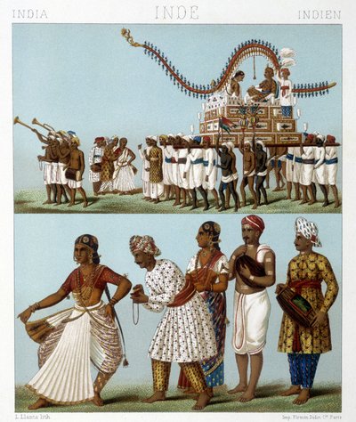インドの交通、音楽、ダンス、民族衣装。ラシネの「Le costume historique」に掲載されたイラスト 作： Albert Charles August Racinet