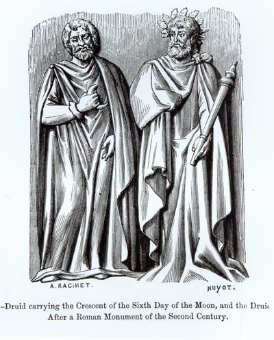 2世紀のローマの記念碑の後の2人のドルイド僧、1人は月の6日の三日月を運ぶ、中世の科学と文学とルネサンスのイラスト、 作： Albert Charles August Racinet