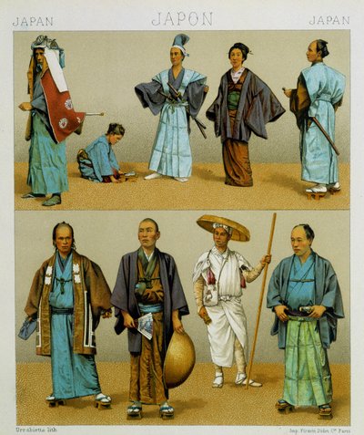 着物を含む様々な日本の伝統的な男性の衣装。クロモリトグラフ版 - ラシネの「Le costume historique」にて 作： Albert Charles August Racinet