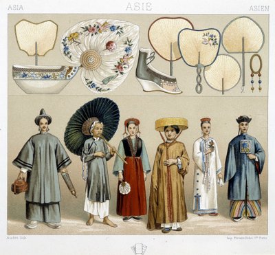 中国の様々な女性の衣装：扇子、靴...。- ラシネの「歴史的衣装」で 作： Albert Charles August Racinet