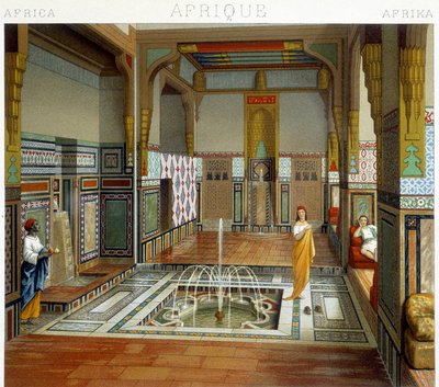 カイロ（エジプト）の家の噴水の横にいる女性とその召使。クロモリトグラフ版（Racinetの「Le costume historique」に収録 作： Albert Charles August Racinet