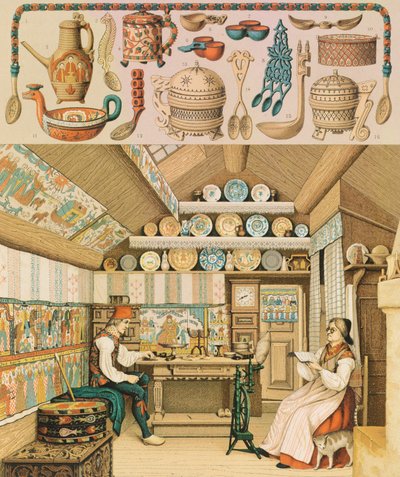 スウェーデンの木造家屋（Racinet Auguste著「The Complete Costume History」より）。 作： Albert Charles August Racinet