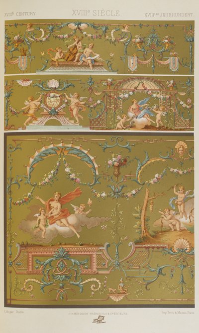 18世紀、「多色刷りの装飾品」のプレート91。金、銀、色の百枚の皿」より 作： Albert Charles August Racinet
