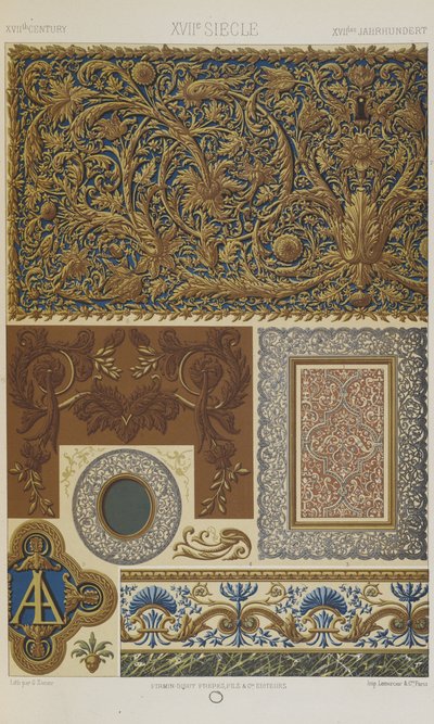 17世紀、「多色刷りの装飾品」の74枚目のプレート。金、銀、色の百枚の皿」より 作： Albert Charles August Racinet