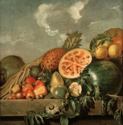 パイナップルやメロンなどのトロピカルフルーツを使った静物画 作： Albert Eckhout