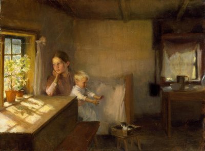 太陽に照らされたインテリアで子供を持つ女性 作： Albert Gustaf Aristides Edelfelt