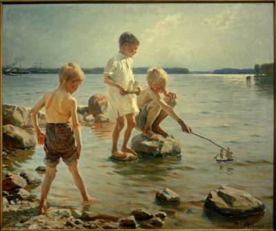 海岸で男の子を遊んでください。 作： Albert Gustaf Aristides Edelfelt