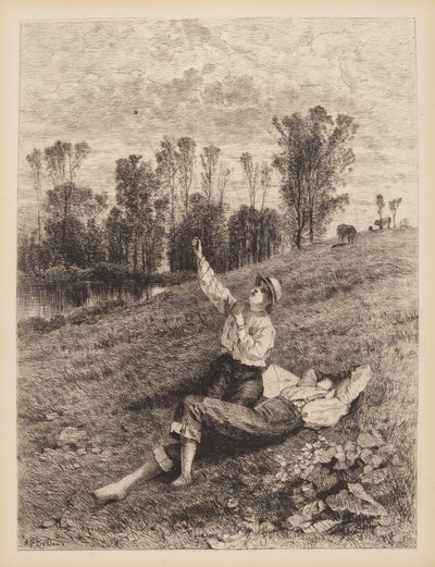 無題 (凧揚げする少年たち) 作： Albert Fitch Bellows
