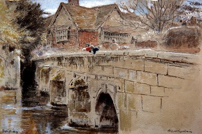 ソールズベリーのクレーン・ブリッジ（ペン＆インク、水彩、ボディカラー、着色紙） 作： Albert Goodwin