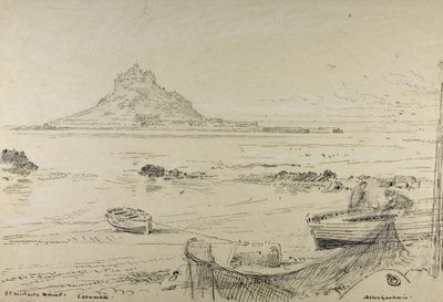 聖ミカエルの山、コーンウォール、1870-80年頃（鉛筆、インク、クレヨンを搭載） 作： Albert Goodwin