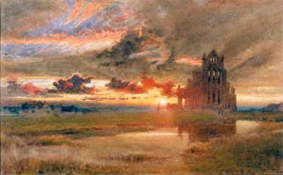 ウィットビー-セントヒルダ修道院（鉛筆と紙に水彩（カードに貼り付け）） 作： Albert Goodwin