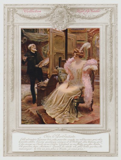 ベルエポックのパリ、肖像画を描いてもらうファッショナブルな女性（カラーリトグラフ 作： Albert Guillaume