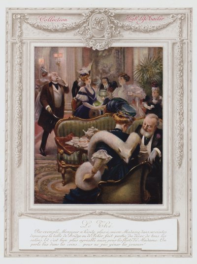 ベルエポック・パリ、お茶を飲むおしゃれな女性（カラーリトグラフ 作： Albert Guillaume