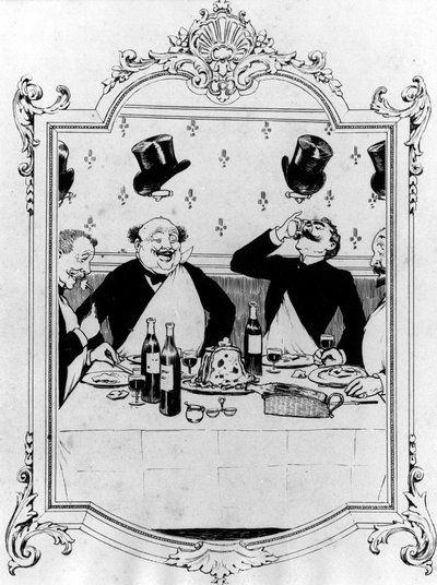 レストランで食事をしながら飲んでいる4人の男たち - Guillaumeが描いた "Memoir d
