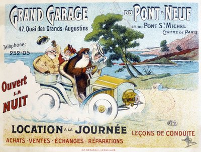 Grand Garage du Pont-Neuf：レンタル、ドライビングレッスン、購入、販売、賠償 - Albert Guillaume (1873-1942) による広告ポスター、1900年頃 作： Albert Guillaume