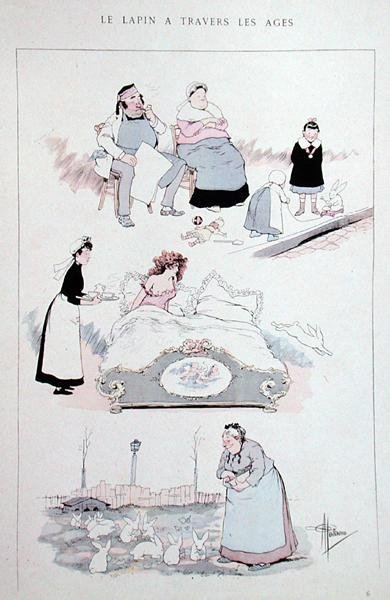 1900年頃、作家の作品集「Faut Voir」に掲載された漫画「The Rabbit over the Ages」（カラーリトグラフ）。 作： Albert Guillaume