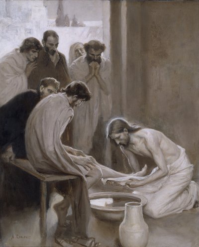 イエスが弟子たちの足を洗った、1898年（油とグリザイユの紙） 作： Albert Gustaf Aristides Edelfelt