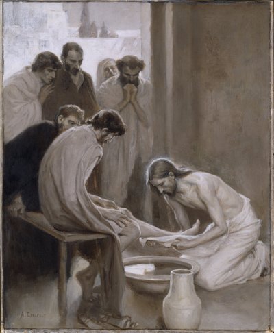 Le Christ lavant les pieds de ses disciples - 弟子たちの足を洗うキリスト、Edelfelt, Albert Gustaf Aristides (1854-1905)作。グリザイユ 作： Albert Gustaf Aristides Edelfelt