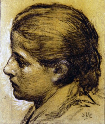 少女の頭の習作」1870年頃（青紙に木炭、蝋引き） 作： Albert Joseph Moore
