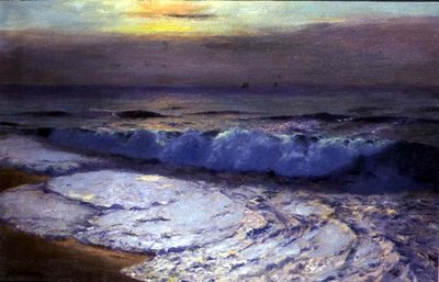 砕け散る波、夕暮れ（油彩・キャンバス 作： Albert Julius Olsson
