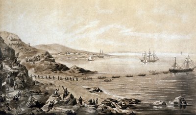 アイルランドとカナダ間の最初の大西洋横断電信ケーブルの敷設 (1857 年) アルバート・クルーガーによる彫刻 c.1870 作： Albert Kruger