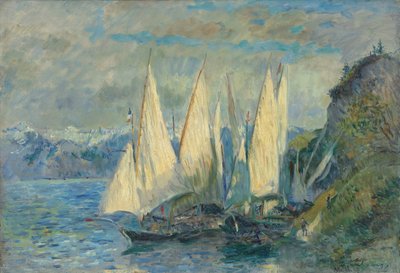 オートサボアのメイレリーにあるジュネーブ湖の大きな帆のボート 作： Albert Lebourg