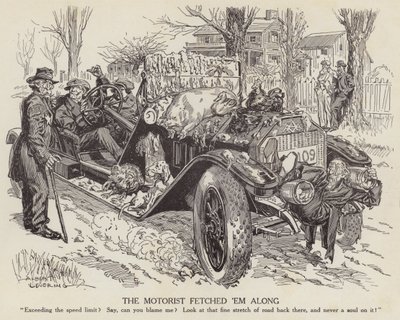 制限速度を超えて車を運転している人を揶揄する漫画（リトグラフ 作： Albert Levering