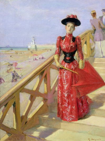 ビーチに階段を歩いて女性 作： Albert Lynch