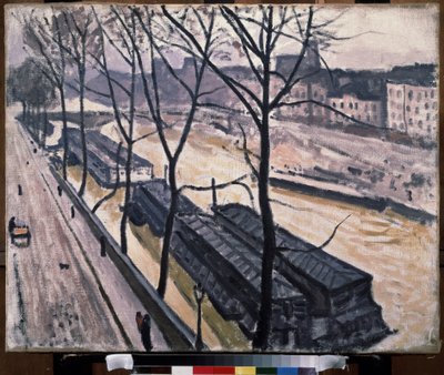 ""Paris en hiver, quai Bourbon"" (冬のパリ。Quai Bourbon) セーヌ川のほとりのはしけ。 ピエール アルバート マルケ (1875-1947) による絵画 1907 キャンバスに油彩。 フォービズム。 モスクワ。 プーシキン美術館 作： Albert Marquet