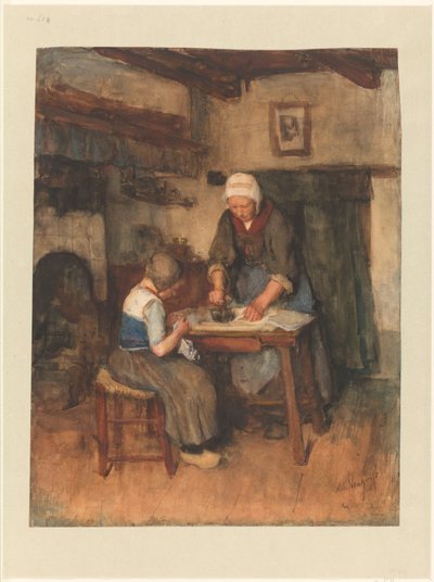 アイロンがけをする女性と裁縫をする子供のいるインテリア 作： Albert  Neuhuys