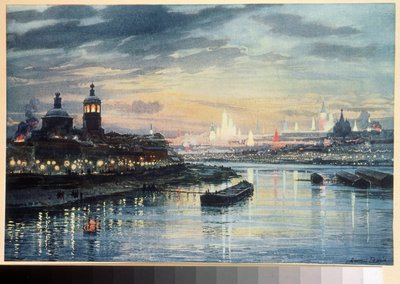 Illuminations a Moscow (イルミネーション イン モスクワ)。 Albert Nikolayevich Benois (1852-1936) によるデッサン。 カラーリトグラフ、19世紀のロシア美術。 ロシア国立図書館、モスクワ。 作： Albert Nikolayevich Benois