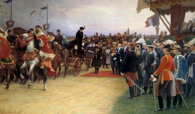 皇帝ニコライ2世（1868-1918）と皇后アレクサンドラを迎えるエミール・ルベ大統領（1836-1929）1901年09月21日 ベセニー収容所にて アルバート・ダワン（1852-1923）による絵画 1905年日、09x3,56m。 作： Albert Pierre Dawant