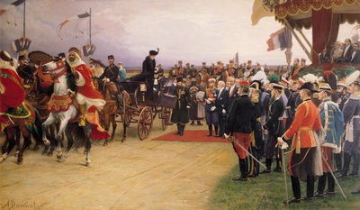 エミールルーベ（1838-1929）大統領、ニコラス2世（1868-1917）とアレクサンドラツァリナ（1872-1918）を迎え、1901年9月21日、ベセニーのキャンプに到着、1905年 作： Albert Pierre Dawant