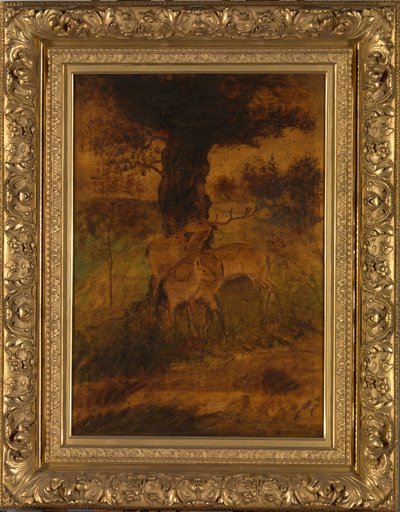 雄鹿と二頭身、約。 1870年代。 作： Albert Pinkham Ryder