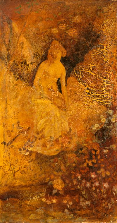 屏風用のパネル: 鹿を抱く女性, ca. 1876年。 作： Albert Pinkham Ryder