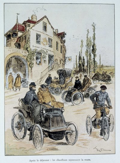 朝食後、ドライバーは道路に戻る：ロビダによる自動車輸送の始まり 作： Albert Robida