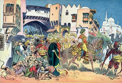 アラジンが街の通りを駆け抜け、彼の周りにお金を投げる アルバート・ロビダ (1848-1926) による、物語「アラジンと不思議なランプ」の挿絵「レ ミレ エ ワン ニュイ」 (物語「アラジン」の挿絵) 」の「The Book of One Tho」 作： Albert Robida