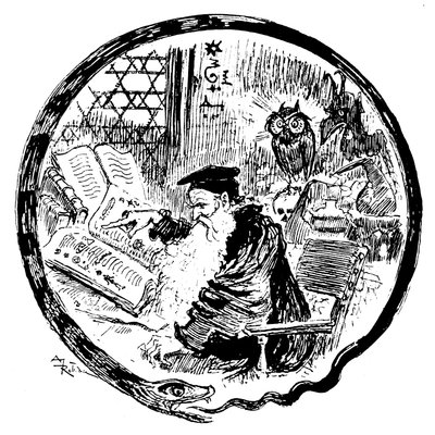 錬金術師がフクロウと悪魔に見守られながら、魔道書（魔術-陰謀論的な公式）の相談をしている。 作： Albert Robida