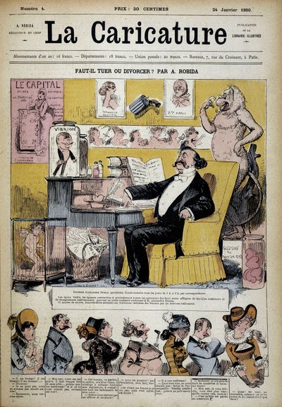 アルベール・ロビダ（1848-1926）による「離婚スペシャリスト」のアレクサンドル・デュマ、Couv."The Cartoon" 24/02/1880. 作： Albert Robida