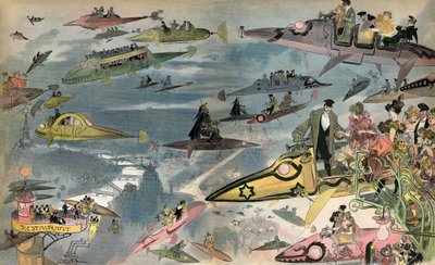 1900年にデザイナー、アルベール・ロビダが見た2000年のパリ・オペラ座の公開。パリジャンたちはあらゆる空の乗り物を乗りこなす。 作： Albert Robida