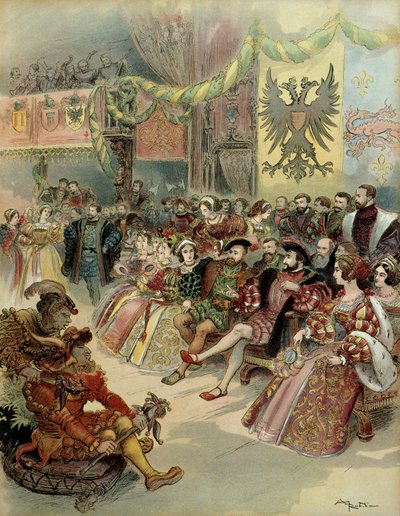 1539年、フォンテーヌブロー城で、フランス王フランソワ1世（1494-1547）の宮廷で、スペイン王兼神聖ローマ帝国皇帝ゲルマン人のシャルル5世（1500-1558）の立ち会いのもとに行われたバル。イラスト 作： Albert Robida