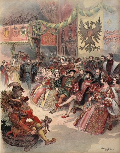 宮廷での舞踏会、イラストは「Francois Ier:George G. Toudouze著「Le Roi Chevalier」（1909年出版）の挿絵。1909年（カラーリトグラフ）。 作： Albert Robida