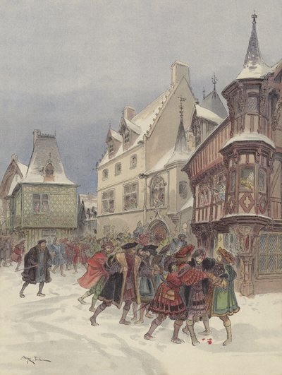 ロモランタンでの雪の戦い、負傷した王はサンポルの家を襲撃しました 作： Albert Robida