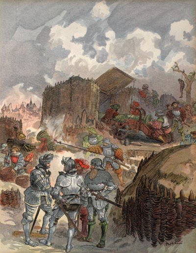 メジエールの包囲戦でのバヤール、「Francois Ier:George G. Toudouze著「Le Roi Chevalier」（1909年出版）のイラスト。1909年（カラーリトグラフ）。 作： Albert Robida