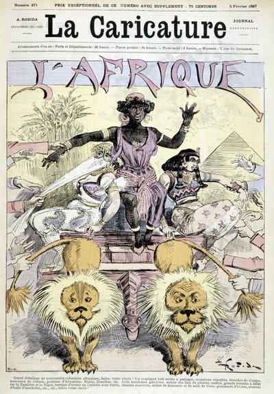 アフリカの植民地主義に関する漫画「アフリカの植民地主義的な新商品の大発見、あなたの選択をしてください。大陸全体を共有し、素晴らしい機会、コンゴの断片、ギニアの断片」by Robida - 1887年5月2日の「La Caricature」に掲載。 作： Albert Robida