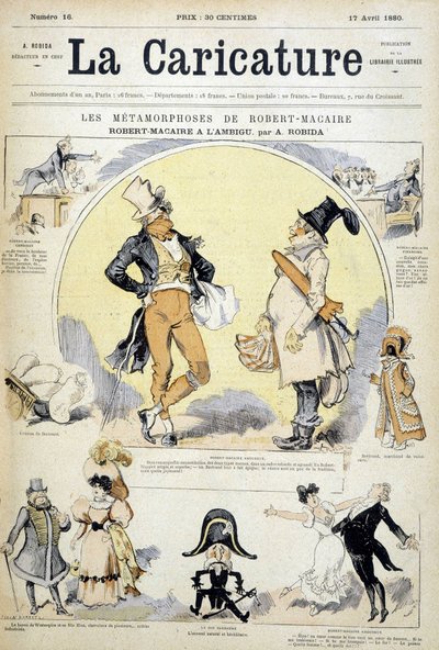 ロビダによる俳優ロベール・マケールについてのカートゥーン、cov."La caricature" 17/7/1880. 作： Albert Robida