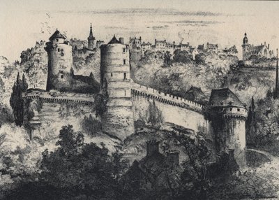 Chateau de Fougeres - イル＝エ＝ヴィレーヌ県の城砦。アルベール・ロビダ(1848-1926)による古いフランス-ブルターニュ-テキスト、図面、リトグラフ 19世紀末未発表 作： Albert Robida