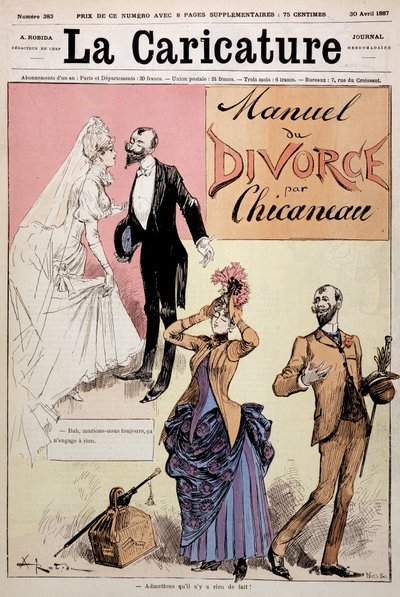 結婚したカップルが離婚する、シカノーの「離婚の手引き」、アルベール・ロビダ（1848-1926）のイラスト、couv."The Caricature", 30/04/1887. 作： Albert Robida